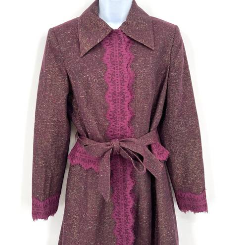 Bisou Bisou  Upscale Boho Chic Metallic Sparkle Purple Lace Trench Coat with Sash