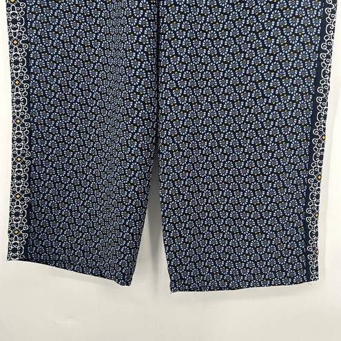 Loft  Boho Print Wide Leg Pull On Crop Pants Blue Yellow High Rise Size L