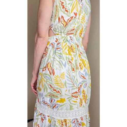 Jessica Simpson Yellow & Green Leaf Printed Cut-Out Maxi Dress