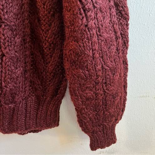 JACK  Winter Sweater Handmade Burgundy Crew Neck 
Puff Sleeve Cable Knit Sz L GUC