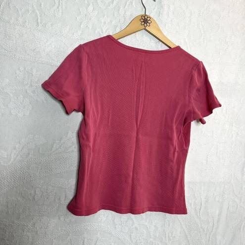 Petite Sophisticate Pink Ribbed Button Short Sleeve Tee