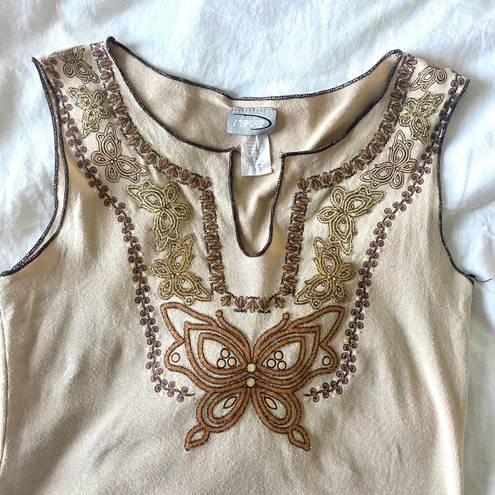 rave Vintage Y2K  butterfly embroidered beaded usa made tank top shirt brown tan