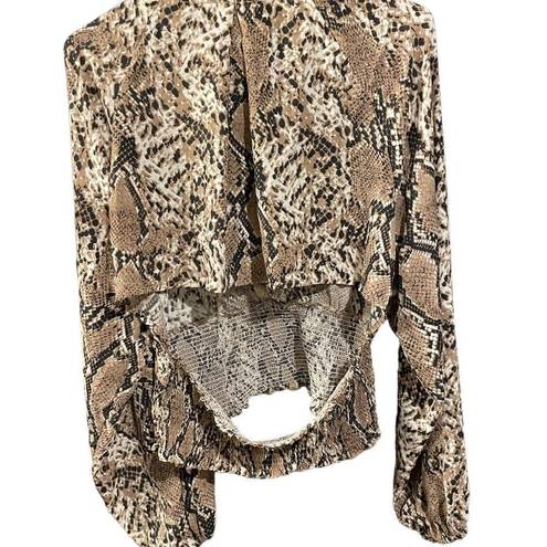 idem Ditto  Faux Snakeskin Cropped Long Sleeve Wrap Style Smock Cutout Blouse