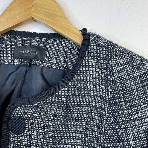 Talbots Classic Preppy Navy Blue Tweed Ruffle Blazer Jacket Cotton Wool womens 8