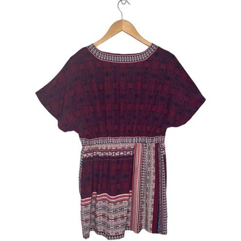 Garnet Hill  100% Slik Boho V Neck Dolman Short Sleeves Tunic Red Blue 8