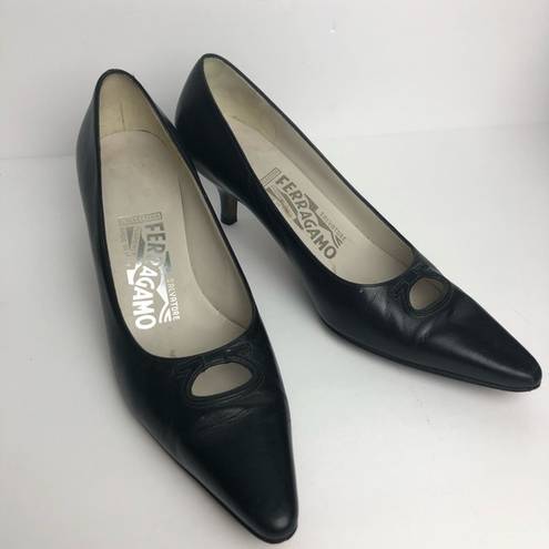 Salvatore Ferragamo  Black Leather Kitten Heel Vintage