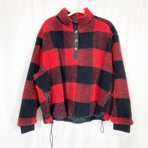 American Eagle  Oversized Sherpa Fleece Snap Pullover Jacket Buffalo Plaid Red