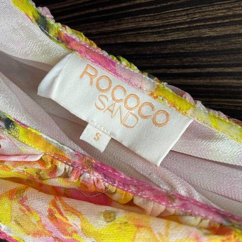 Rococo  Sand Georgette Drapey Midi Cocktail Party Yellow Floral Belted Dress