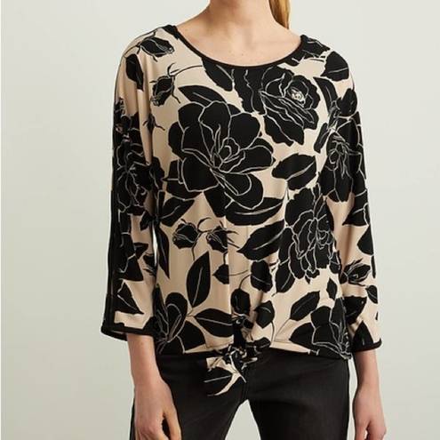 Joseph Ribkoff  Floral Self Tie Long Sleeve Blouse Top in Black & Beige