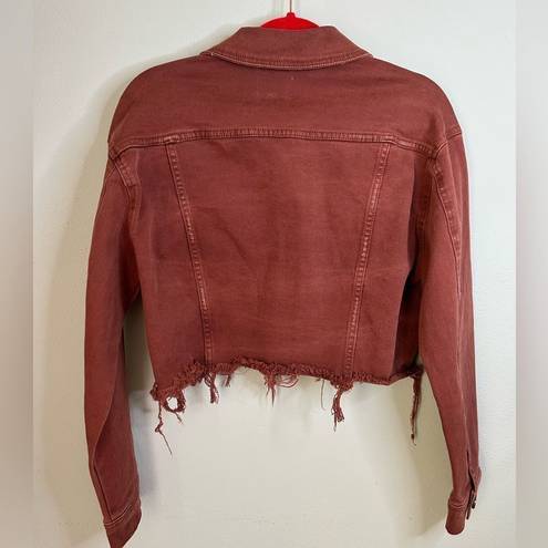 Unpublished  Distressed Denim Jacket Brick Red Color Cropped Frayed