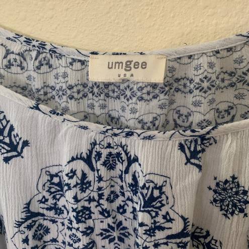 Umgee Womens Blue Floral Boho Crochet Off Shoulder Blouse Long Sleeve Top