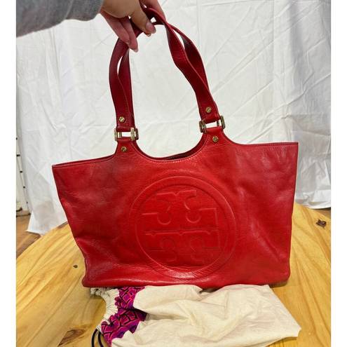 Tory Burch  Red Leather Embossed Logo Double Handle Shoulder Bombe Tote Handbag