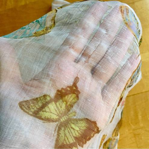 Ecru Butterfly Print Sheer, Lightweight Scarf, Ivory, Cream, , Colorful