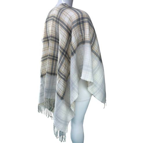 J.Jill  Womens One Size Poncho Sweater Wrap Plaid Acrylic Fringe Neutral Soft