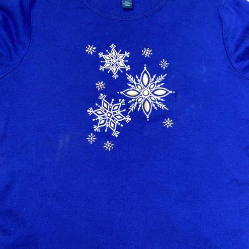 Karen Scott petites snowflake top w/rhinestones longsleeve blue PXL