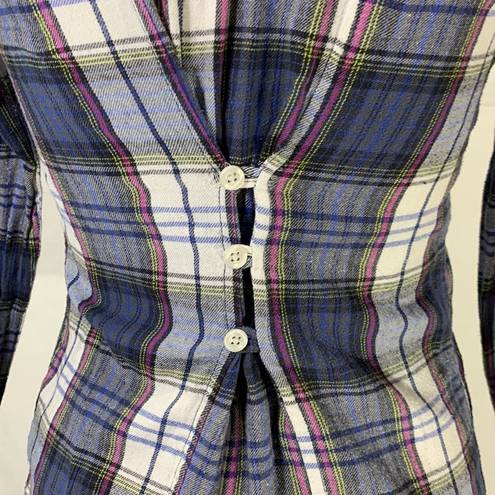 Roxy Plaid Blue Flannel Button Down Long Sleeve Shirt Size Small