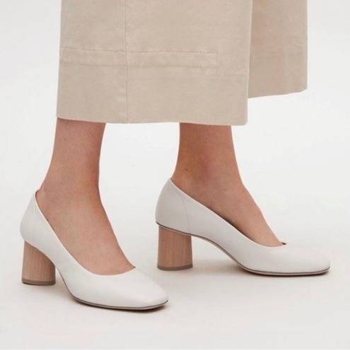 COS  Cream Leather Round Toe Wooden Heel Pumps