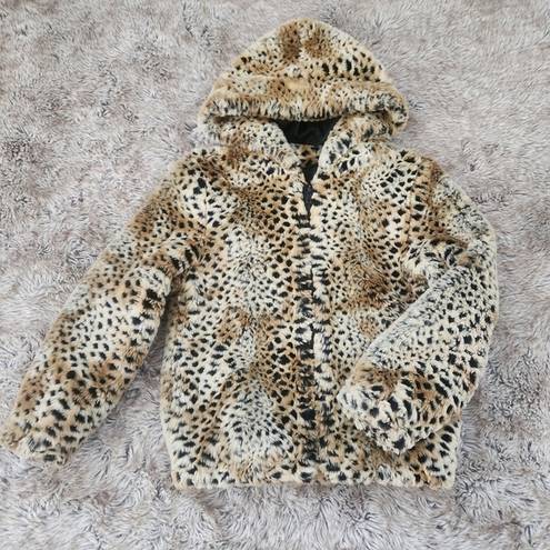 Donna Salter's Fabulous Furs Hooded Leopard Print Faux Fur Jacket Size Small