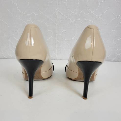 Unisa  Womens Shoes Size 7.5 Tan Black Patent Leather Peep Toe Slip On Heels