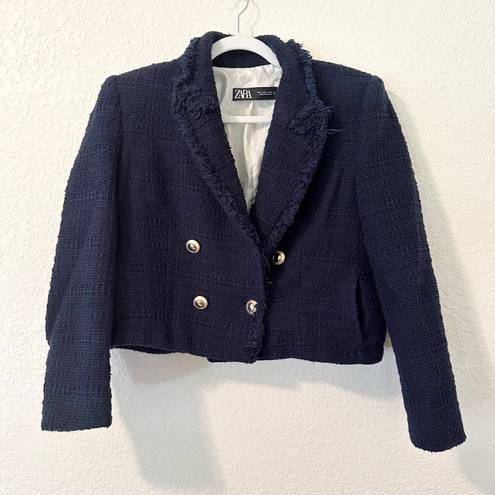 ZARA Tweed Textured Frayed Crop Blazer Jacket in Navy Size L