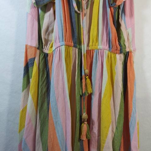 Angie  Pina Colda Striped Short Sleeve Strappy Neck Dress Boho Size L