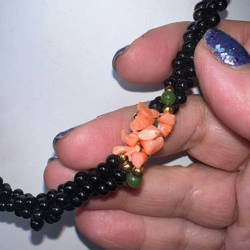 Onyx Vintage Black  Coral & Jade Bead Necklace