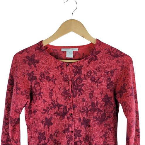 Rebecca Taylor  Floral Pearl Button Cashmere Cardigan Red Long Sleeve size M