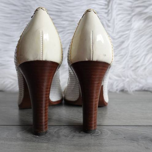 Fendi  Ivory Perforated Leather Buckle Peep Toe Wooden High Heels