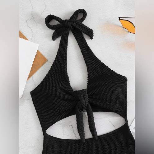 One Piece Black textured cut out halter  swimsuit