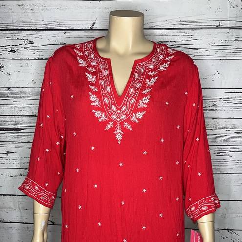 Cathy Daniels  Woman NWT 2X Dark Pink - White Embroidered Rayon Gauze Top Shirt