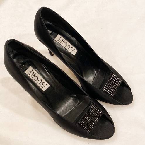 Isaac Mizrahi Isaac made in Italy black satin jeweled peep toe pumps