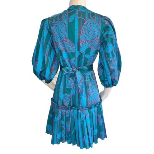 Alexis Sakura Blue Green Tropical Pleated Puff Sleeve Mini Dress sz XS $495