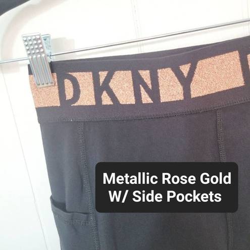 DKNY  Womens Metallic Rose Gold Spellout Athletic Leggings W/ Pockets Size Small