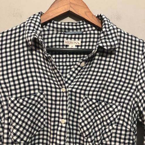 Merona  Long Sleeve Button Front Collared Blouse Black/White Plaid Medium