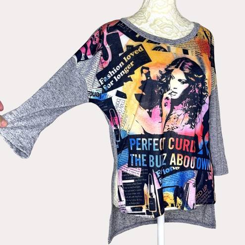 Sweet Rain  Novelty Graphic Knit Top Blouse High Low Gray S bv