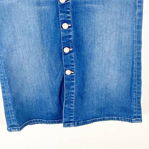 The Moon MOTHER Blue High Waisted Front Button Pockets Midi Jean Skirt, Size 27