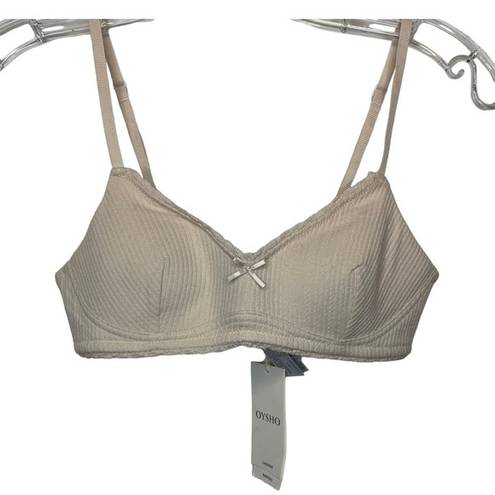 Oysho NWT  Bra Bandeau 32B Nude Beige Ribbed Cotton Blend Wireless Comfort Womens