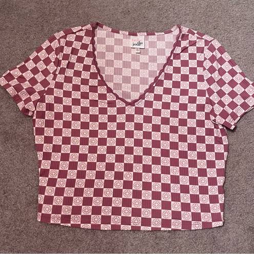 belle du jour Juniors Pink Floral Checkered V-Neck Short Sleeve Fitted Crop Top