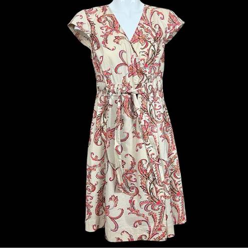 Tommy Hilfiger Paisley Print Surplice Neck Faux Wrap Belted Cotton Dress Medium