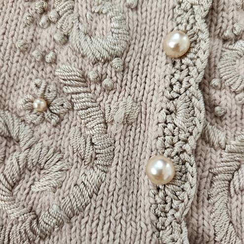 Kimberly  Hope Vintage Knit, Embroidered, and Beaded Cardigan Sweater Beige Med