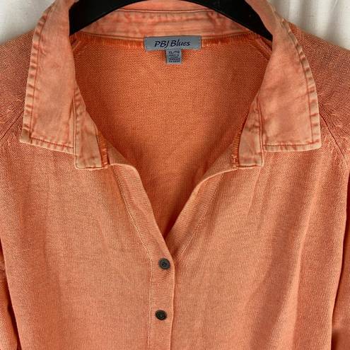 NEW PBJ Blues Orange Acid Wash Denim Collar Button Front Tunic Sweater Large