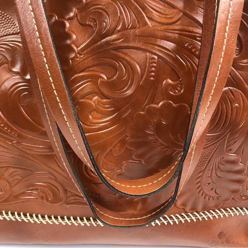 Patricia Nash  Toscano Florence Wax Tooled Tote Bag Embossed Italian Leather Tan