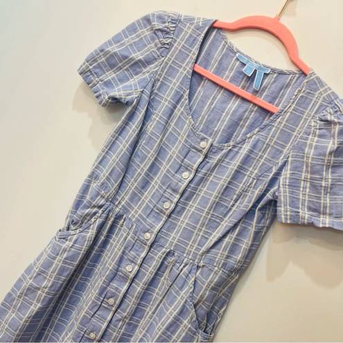 Draper James  Dress Blue Plaid Button Down Linen Blend Cottagecore size 2