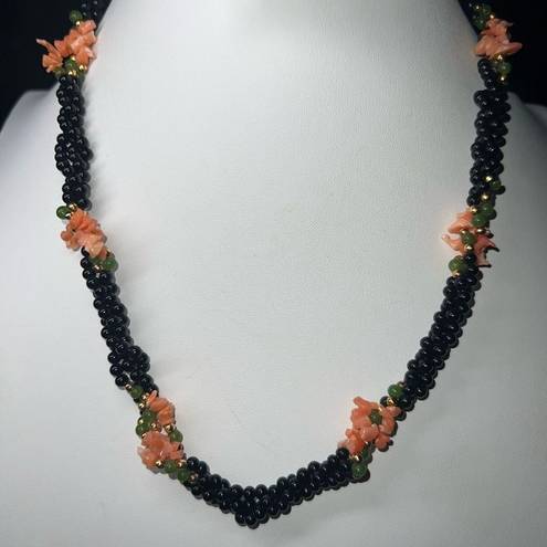 Onyx Vintage Black  Coral & Jade Bead Necklace