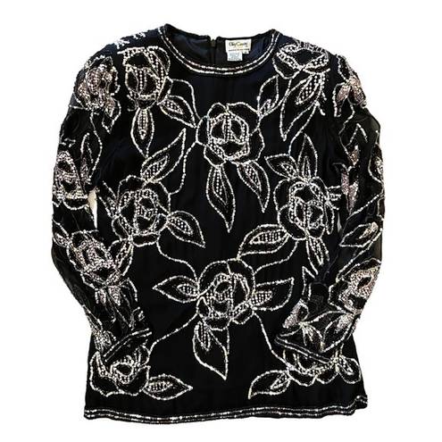Oleg Cassini Vintage Beaded Embellished Black Silk Floral Top Formalwear Blouse