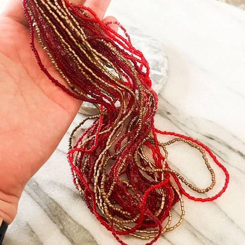 Coldwater Creek  Layered Seed Beaded Necklace - Red, Gold, Multilayer Boho Indie