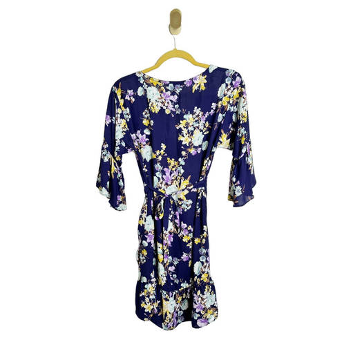 Bobeau B Collection by  Astrid Floral Blue Apron Mini Wrap Dress 3/4 Sleeves XS