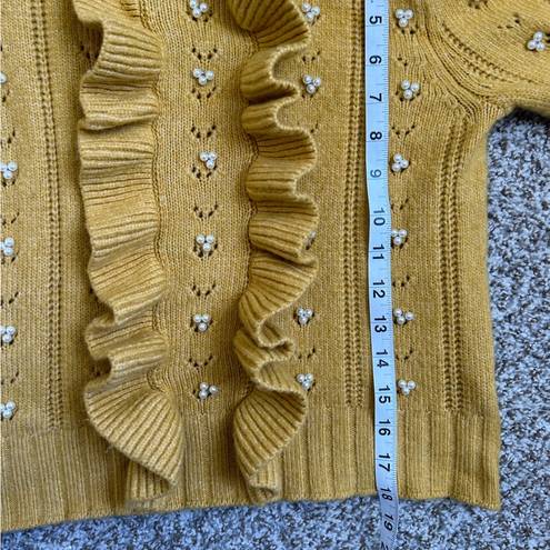 Industry  Yellow Pearl beaded ruffled front ribbed knit sweater Small Fall