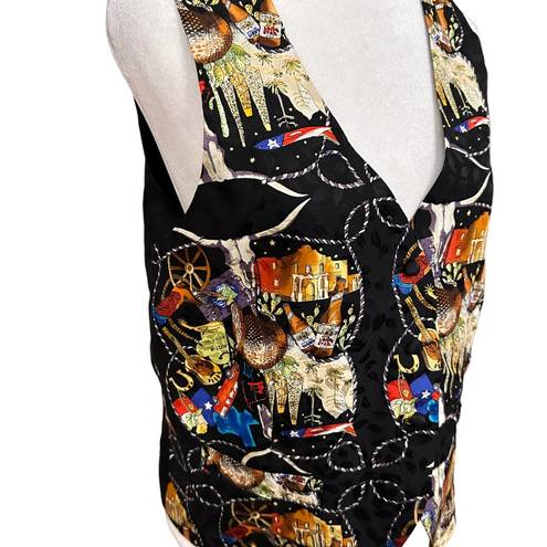 Nicole Miller Vintage  Printed Vest Cowboy Rodeo Western Silk Black Size Large