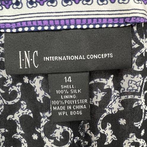 INC  Kimono Dress Womens 14 Purple Black Paisley Silk Chiffon Tie Belt Festival